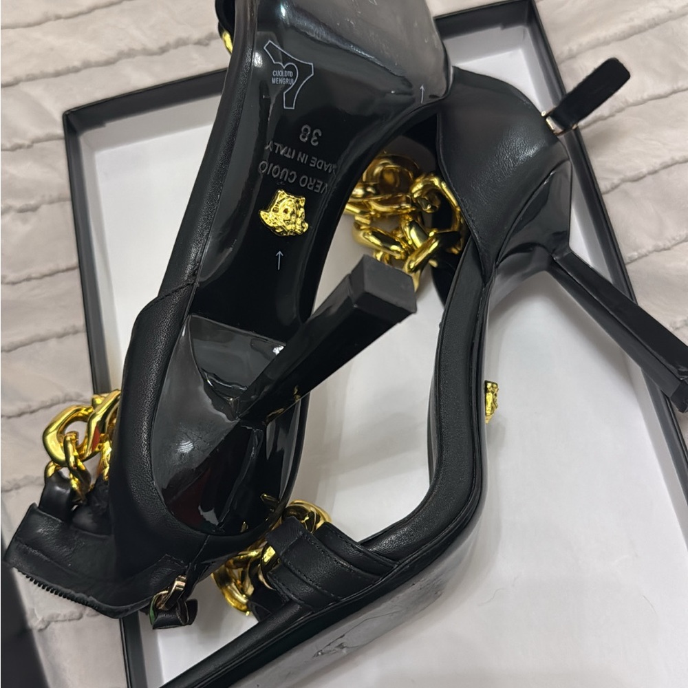 Versace Black Leather High Heels with Gold Chain Detail - Picture 3 of 5